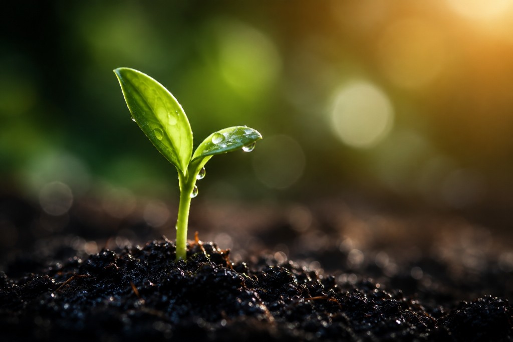 Sprout in soil with golden sunlight